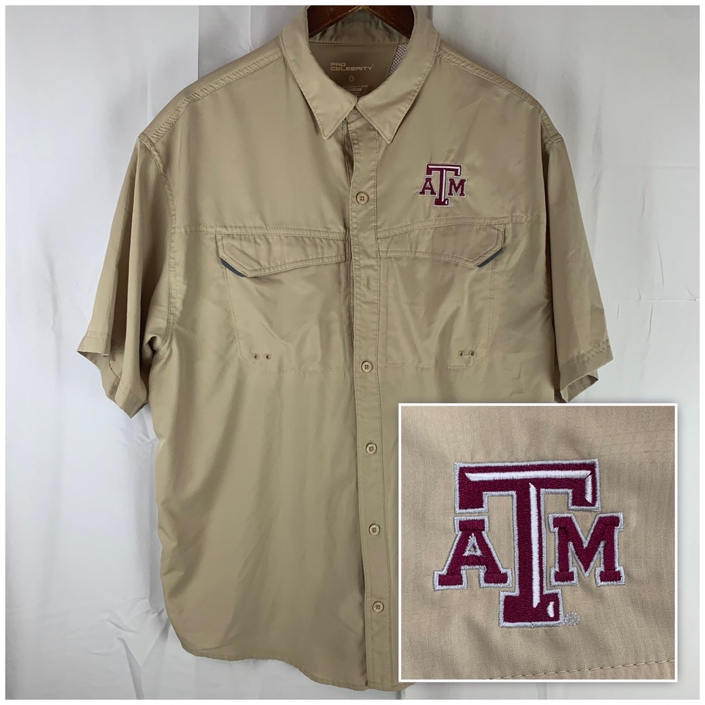 Texas A&M Aggies Pro Celebrity Fishing Shirt Mens Large Tan Vented Button Down